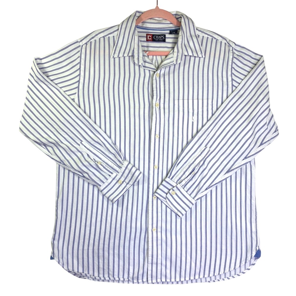 Chaps Mens Large Long Sleeve Button Down Shirt Blue White Striped Cotton L
